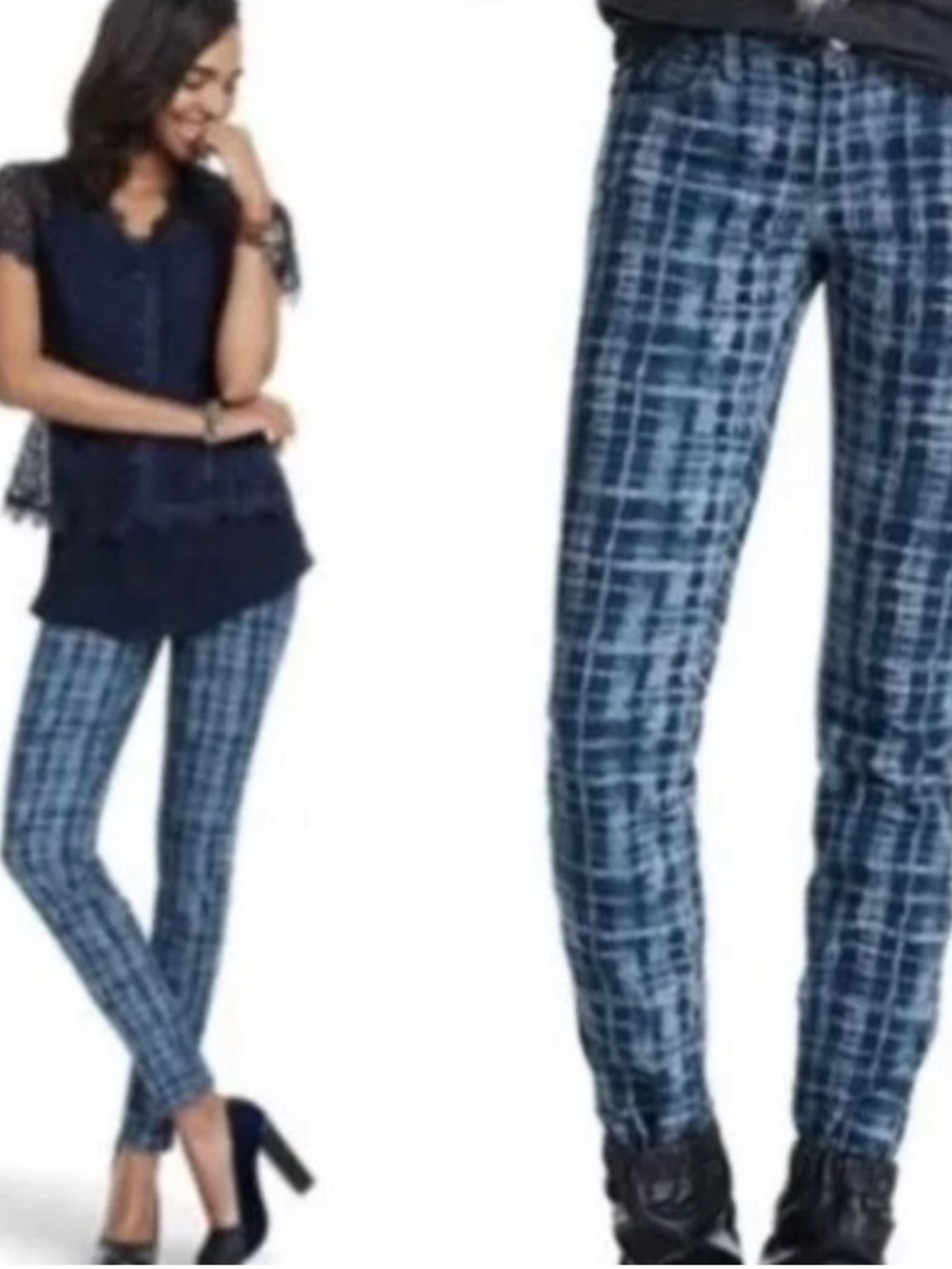 Cabi super soft blue Tie Dye geometric Grid Print Skinny stretch low rise Jeans